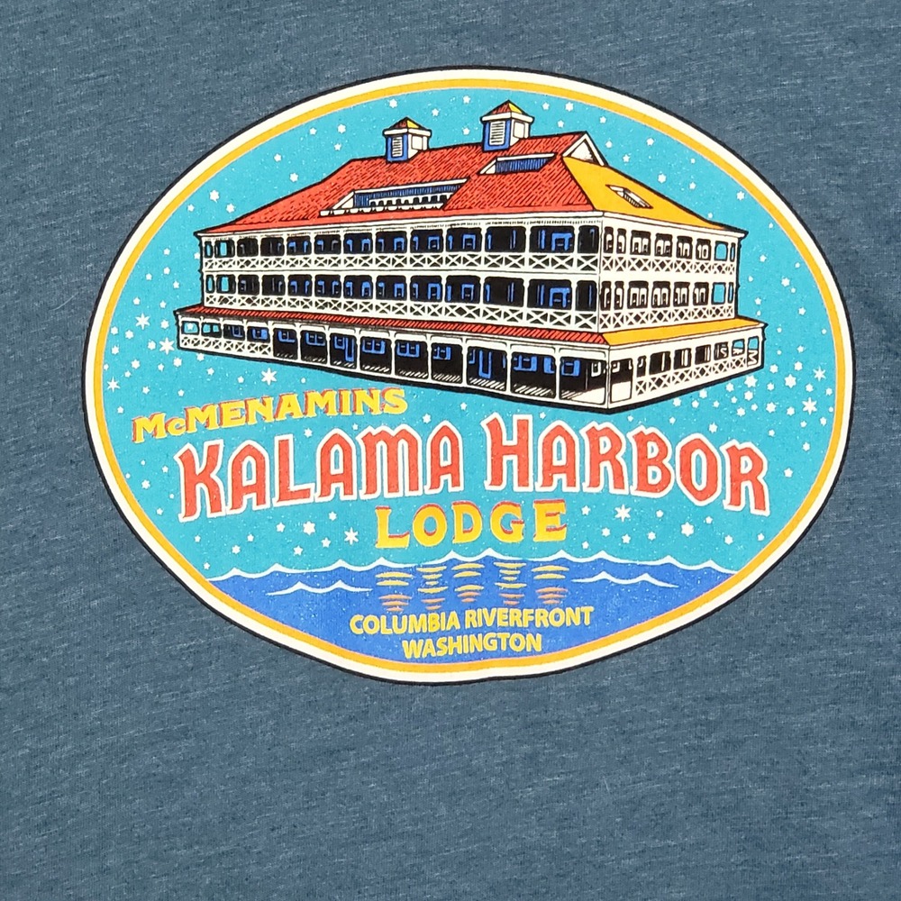 McMenamins‎ Kalama Harbor Lodge Tee Shirt Blue Travel Historic PNS Size 2XL